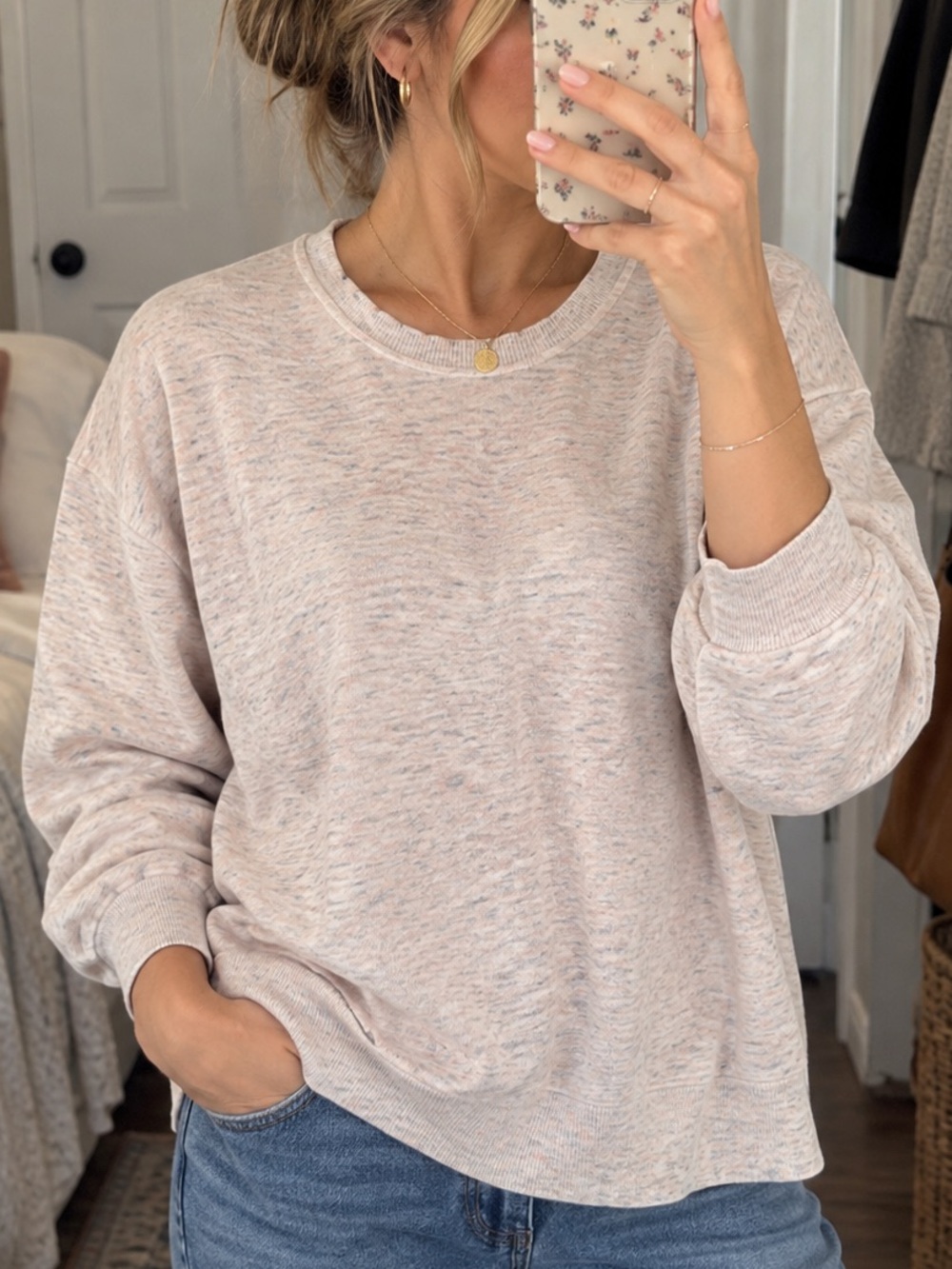 Ella Moss Sweater Juniors L Pink Heather Marled Crew Neck Relaxed Knit Pullover